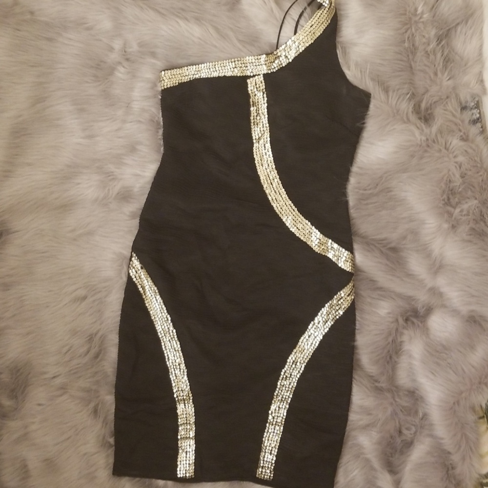 Black and gold one shoulder mini dress